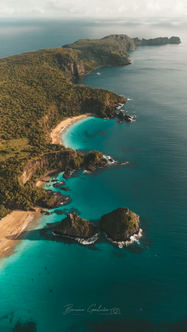 Vista aérea das enseadas e falésias de Fernando de Noronha